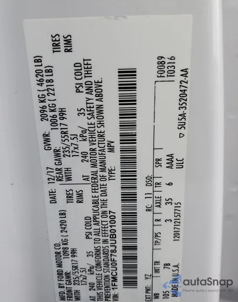 2018 Ford Escape S из США, поврежденный, VIN 1FMCU0F78JUB01007